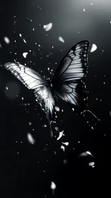 Monochrome butterfly shimmers amid drifting white petals.