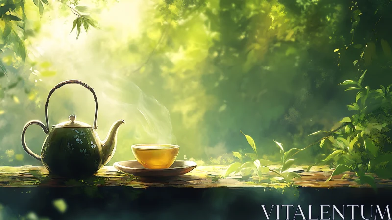 Forest-brewed morning tea glows amid whispering leaves.
