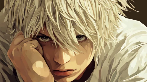 Intense silver‑haired gaze in close-up anime portrait.