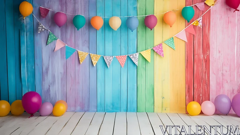 Colorful Rainbow Wooden Backdrop with Balloons and Bunting.
