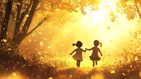 Sunlit childhood silhouettes race through a golden leafstorm