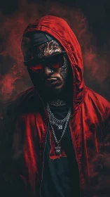 Hooded urban portrait applies high-contrast red lighting and smoke effects
