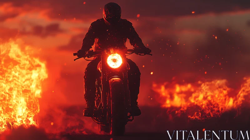 Silhouetted motorcyclist advances through blazing fire corridor