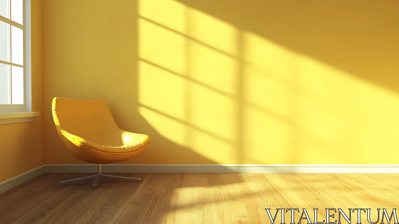 Illuminated yellow lounge corner with angular window shadows.