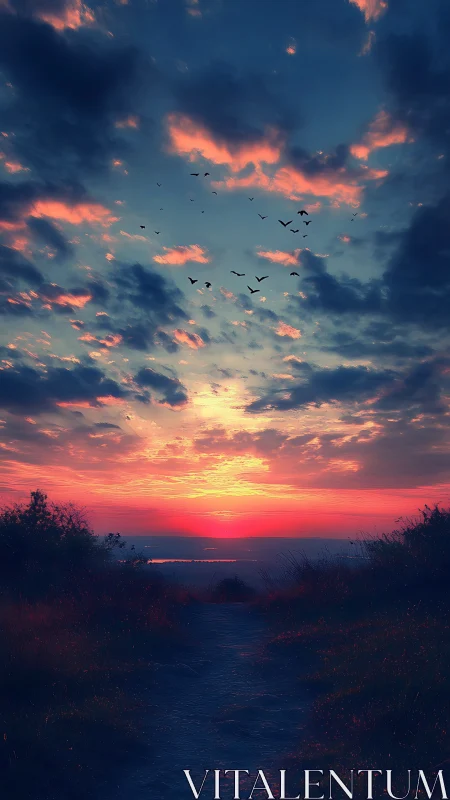 Vertical sunset vista with silhouetted path and birds in flight.