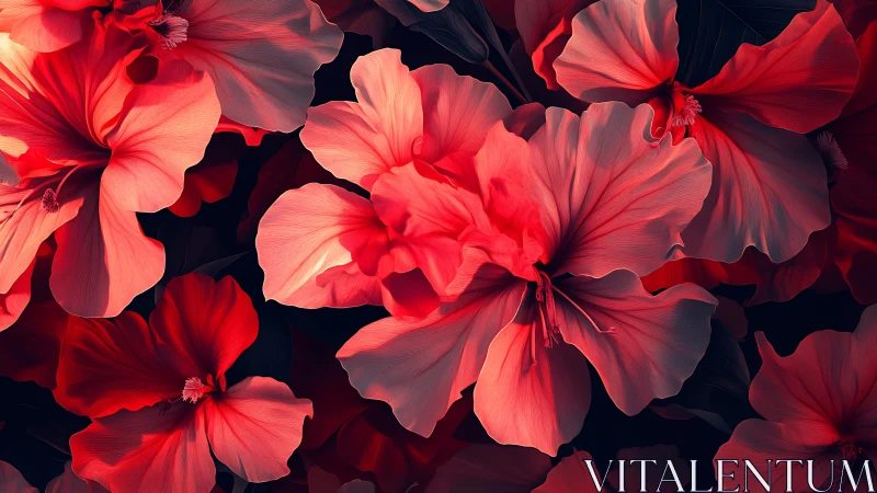 Crimson Hibiscus Blooms Against Black Background.