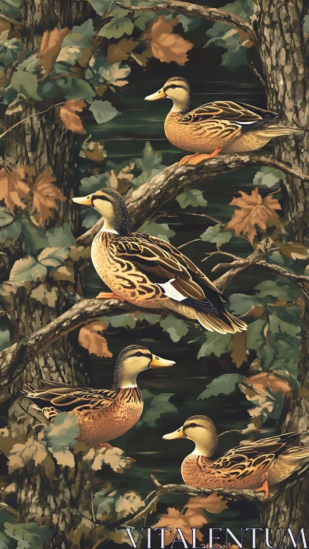 Mallard ducks rest on autumn branches in dense woodland.