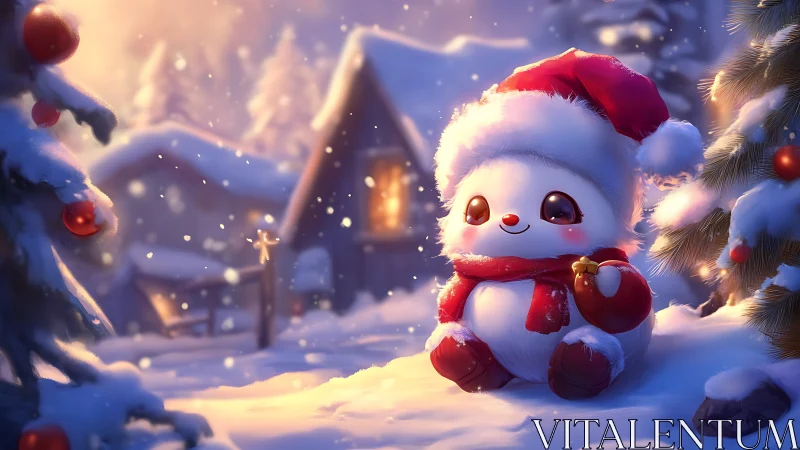 Snowy cabin mascot cradles Christmas magic in warm glow.
