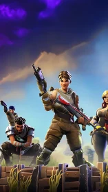 Squad of stylized shooters standing ready in bright sky.