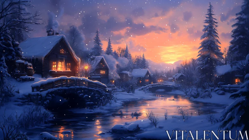 Snowy riverside village under warm sunset glow.