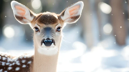 Young deer stands in soft winter light amid falling snow