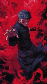 Dark anime sorcerer in red swirling energy field.