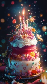 Glowing Tiered Birthday Cake with Illuminated Candles and Vibrant Floral Arrangement.