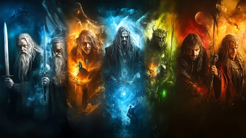 Epic elemental fantasy council in vertical chromatic panels.