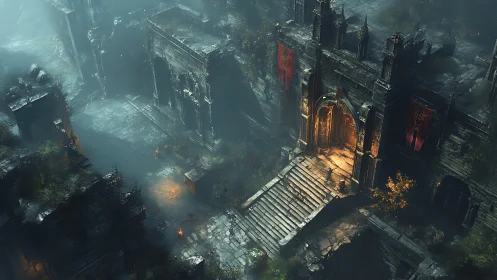 Ruined fortress gate glows over misty stone courtyard.
