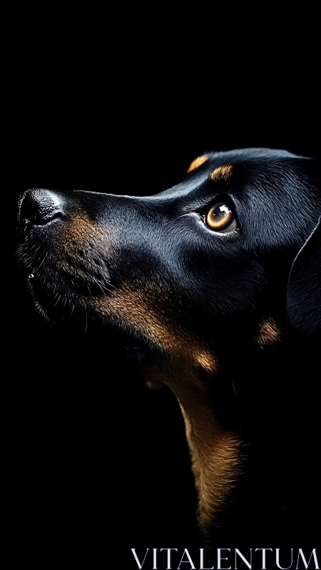 Close-up side profile of black and tan dog on dark background.