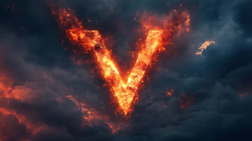 Burning V Letter Sky. Fiery Explosion Against Storm Clouds.