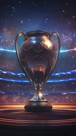 Glowing football trophy stands proud under sparkling stadium lights