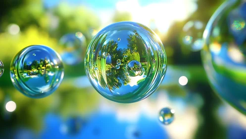 Sunlit soap bubbles float over a bright summer garden