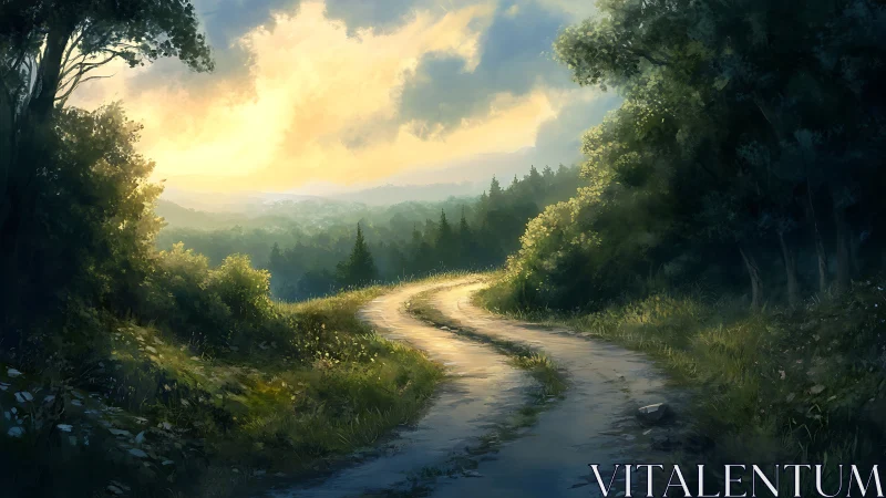 Forest Path Through Mountains at Golden Hour.