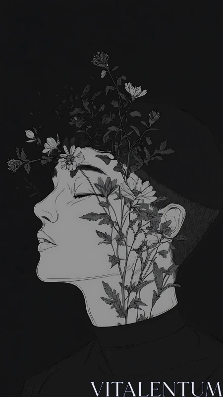 Profile portrait with floral growth emerging from head.