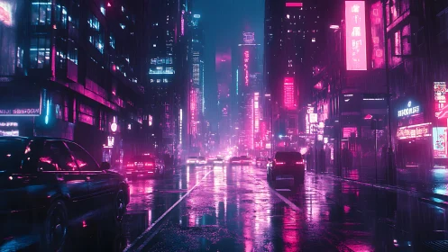 Neon lit city street shows wet asphalt and cars in rain