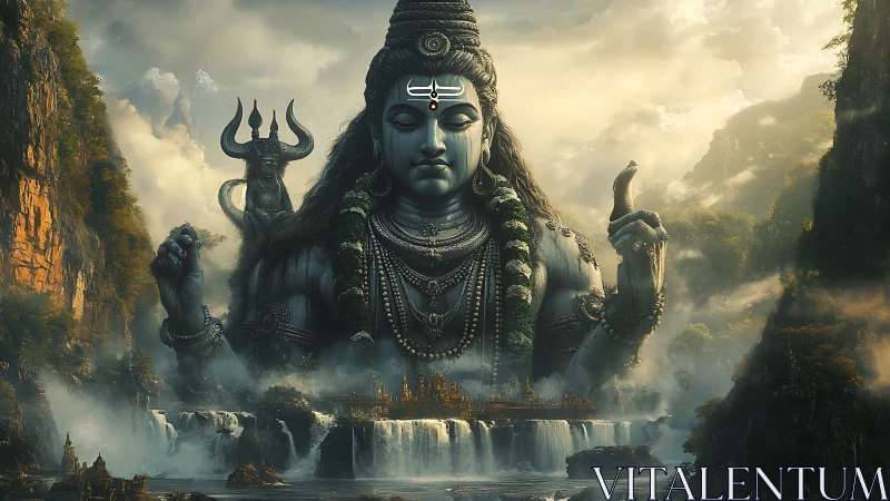 Colossal Shiva deity emerging above misty waterfall realm.