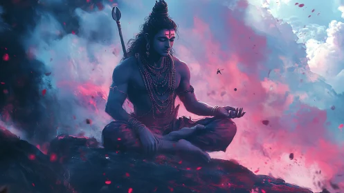 Divine blue yogi meditating amid swirling pink clouds.