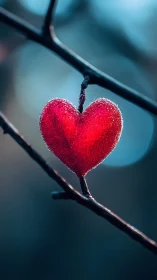 Frost-Covered Red Heart on Dark Branch.