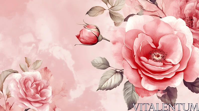 Pink Peonies and Rosebuds on Soft Watercolor Background.