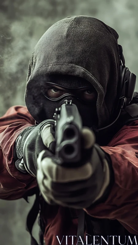 Tactical masked shooter aiming shotgun in shallow depth of field.