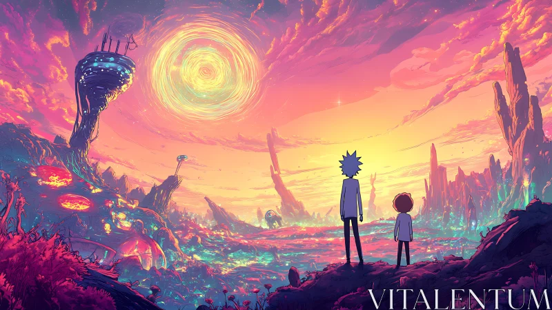 Sunset stroll through a neon alien dreamscape together.