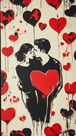 Romantic Couple Embracing with Red Heart Motifs in Graphic Street Art.