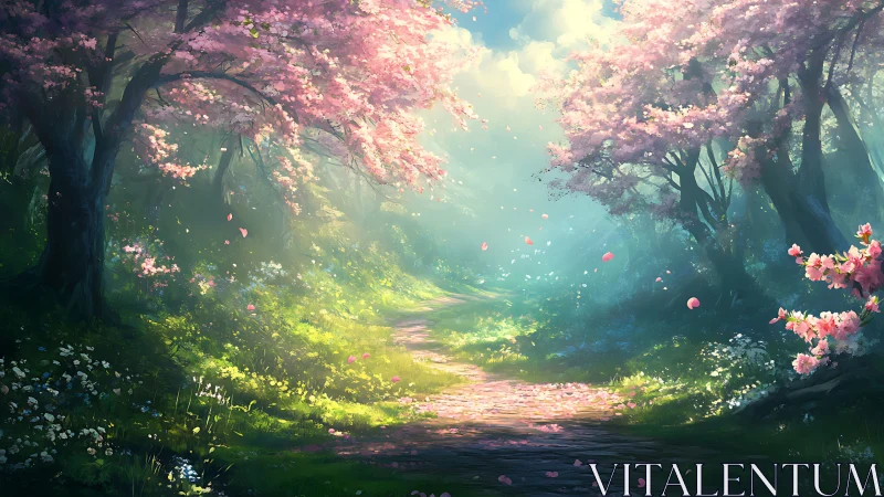 Luminescent Cherry Blossom Grove with Soft Sunlight Filtering Through Canopy.