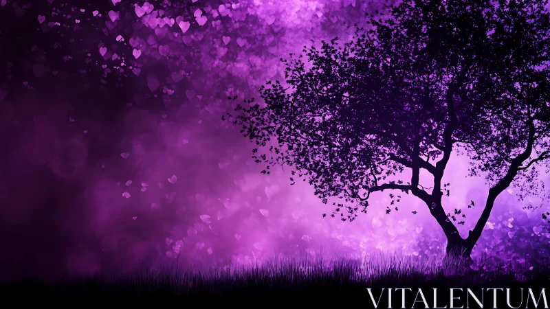 Midnight heartbloom tree under a velvet violet sky.