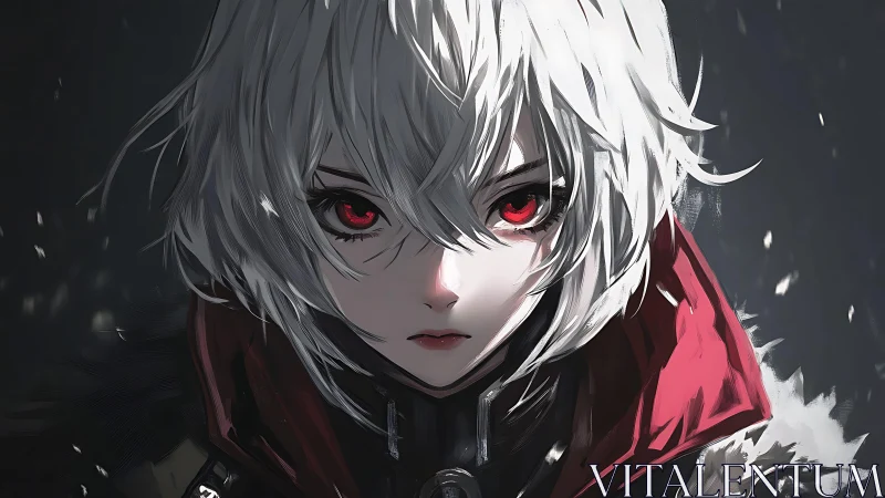 White haired warrior portrait with crimson eyes in snowstorm.