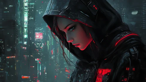 Hooded cyberpunk girl observes neon city in cold rain