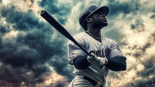 High-contrast baseball batter under dramatic storm cloud sky