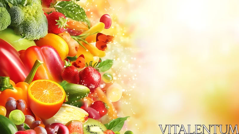 Colorful mixed fruits and vegetables on bright yellow background.