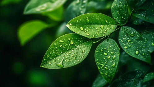 Verdant leaves with rain droplets in soft macro focus.