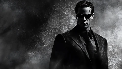 Monochrome suited enforcer emerges from granular smoky backlight