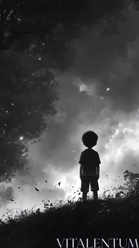 Solitary child gazes into a moody, glowing twilight sky