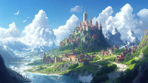 Sunlit hilltop citadel crown above a tranquil river valley.