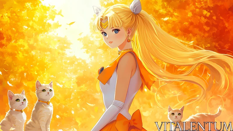 Golden haired magical girl with cats in glowing forest light.