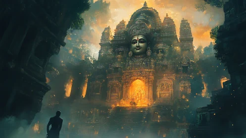 Mystic temple façade beneath colossal serene goddess visage.