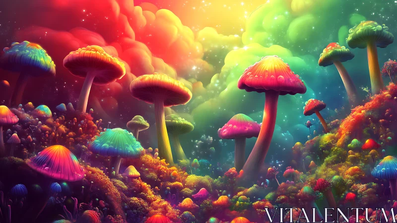 Neon mushroom forest glows under a dreamy cosmic sky