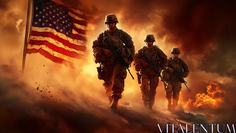 US soldiers advance through smoke with flag in background.