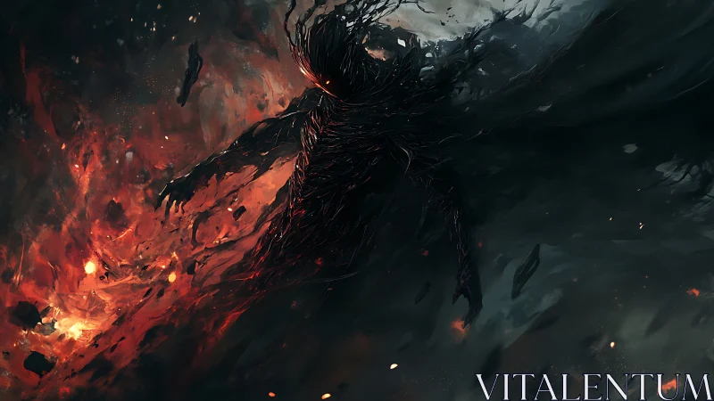 Dark fire entity strides through swirling smoke and ash.