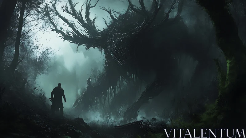 Solitary hunter confronts colossal antlered forest wraith