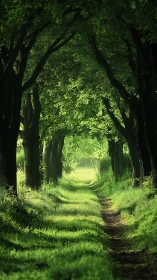Tree-Lined Path Through Summer Green Tunnel.